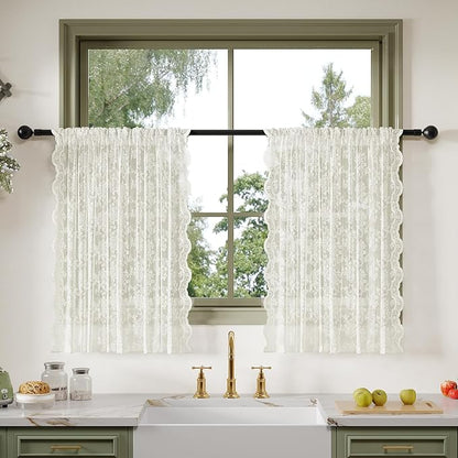 Anmao Vintage Lace Kitchen Curtains 36 Inches Long 2 Panels, Romantic Semi Sheer Floral Over Sink Lacy Cafe Curtain, Elegant Window Short Small Drapes, 55W x 36L, Ivory