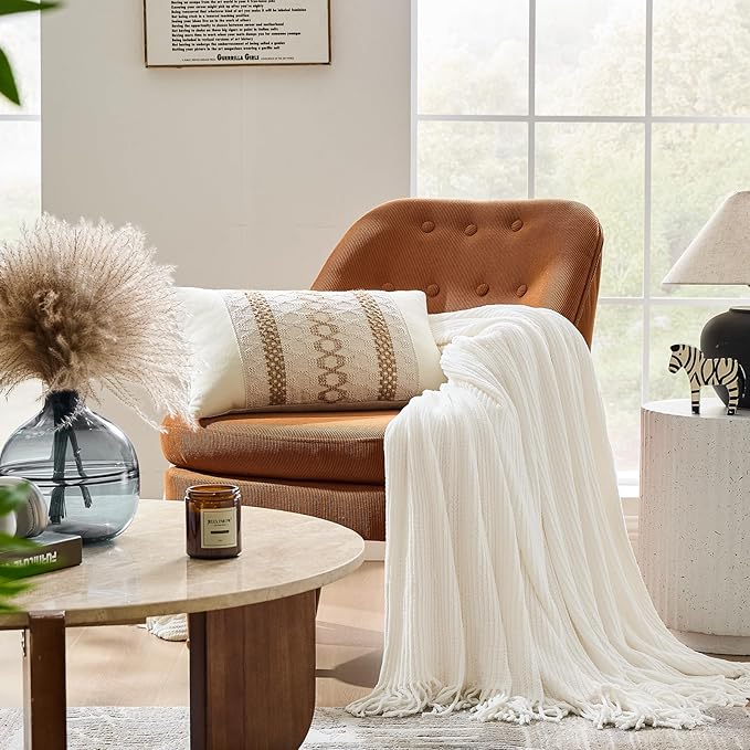 inhand Throw Blanket for Couch Bed,Chunky Chenille Woven Soft Blankets with Tassels,Cozy Boho Farmhouse Fall Winter Decor,Warm for Women,50"x60",Medium Thick-Off White