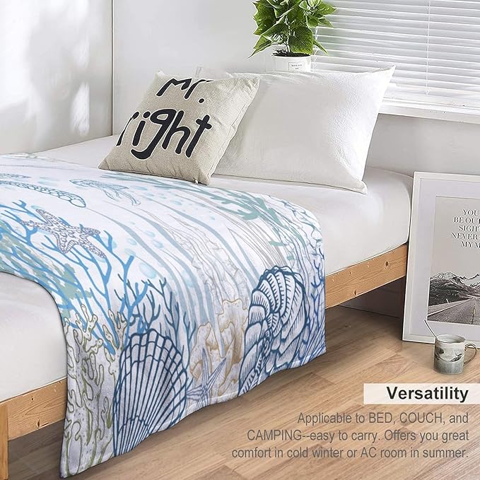 Nautical Turtle Throw Blanket, Coastal Sea Ocean Theme Coral Starfish Seashell Jellyfish Undersea Life Fleece Blanket for Summer Home Bed Sofa Couch Chair, 60"x80"