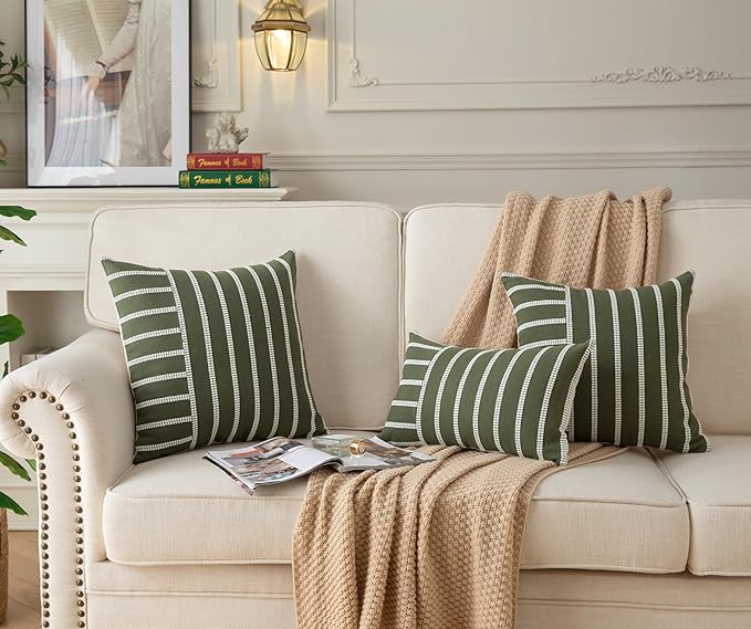 Caflife Boho Throw Pillow Covers 12x20 Set of 2 Soft Farmhouse Decorative Couch Pillow Cases Green Striped Pillow Covers Neutral Cushion Covers for Sofa Bed Living Room Home Decor