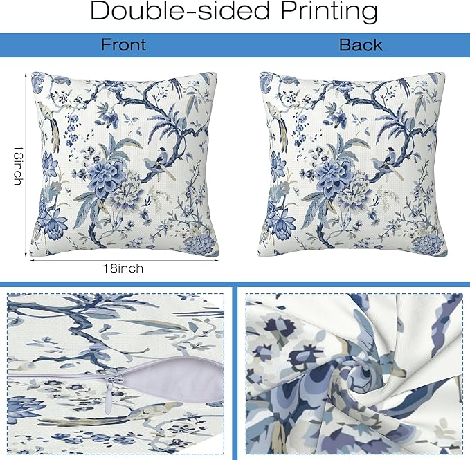 Chinoiserie Throw Pillow Cover Case Blue White Flowers Throw Pillows Set of 2 Super Soft Pillow Covers 18x18 Inches Farmhouse Home Decor for Living Room Bedroom Sofa Couch Cushion Cover