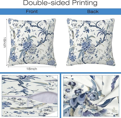 Chinoiserie Throw Pillow Cover Case Blue White Flowers Throw Pillows Set of 2 Super Soft Pillow Covers 18x18 Inches Farmhouse Home Decor for Living Room Bedroom Sofa Couch Cushion Cover
