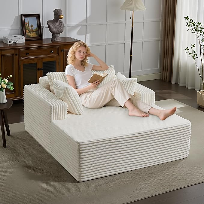 61" Oversized Chaise Lounge Chair Indoor, Boneless Couch Cloud Fluffy Chaise Lounges Corduroy Upholstered Sofa Bed w/Throw Pillows for Living Room Home Beige