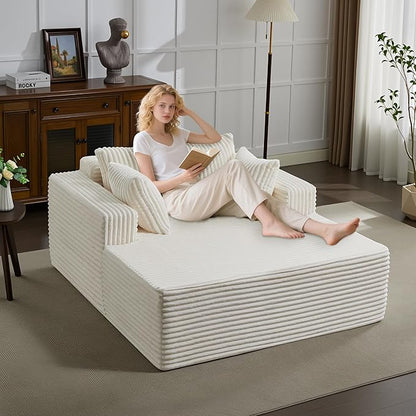 61" Oversized Chaise Lounge Chair Indoor, Boneless Couch Cloud Fluffy Chaise Lounges Corduroy Upholstered Sofa Bed w/Throw Pillows for Living Room Home Beige