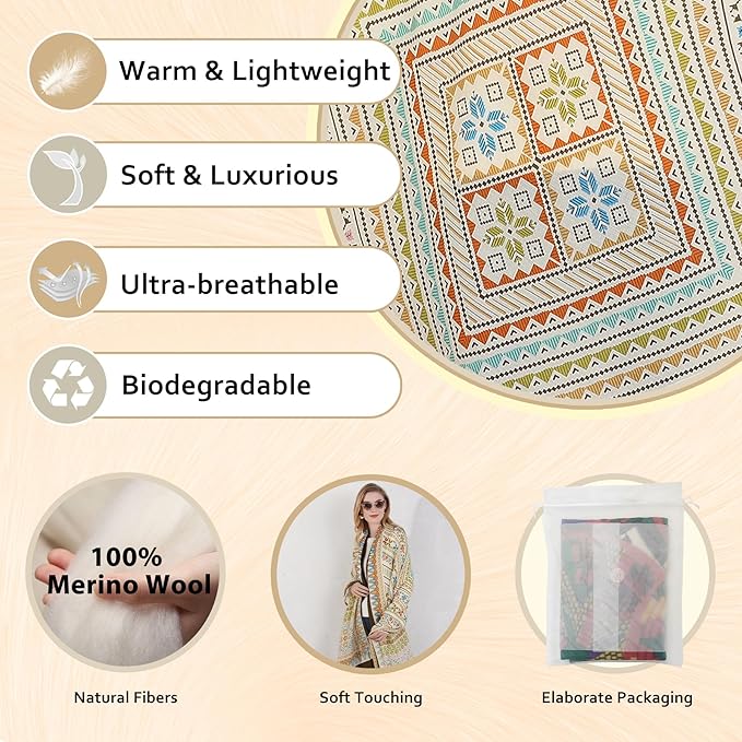 DANA XU 100% Merino Wool Pashmina Shawl for Women 96"x43", Oversized Cashmere Wrap with Tassels, Floral Travel Blanket Cape