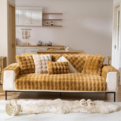 Faux Fur Decorative Throw Pillow Cover Plush Thick Bubble Pillow Covers Luxury Soft Cozy Accent Pillowcase for Spring Sofa Living Room Couch Bed (Brown Yellow,18"x18")