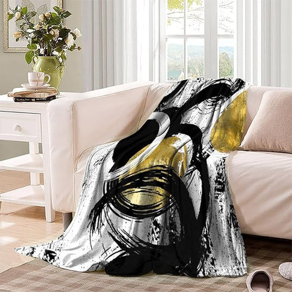 Black White Modern Abstract Print Throw Blanket,Gold Ink Geometric Texture Oil Painting Art Soft Throw Blanket for Couch Sofa Bed Travel Camper Gift 60x80inch(150x200cm)