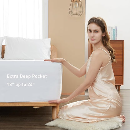 Sunflower Full Fitted Sheet, 1-Piece Extra Deep Pocket Fitted Bottom Sheet 22", 100% Cotton Sateen Soft Breathable, White