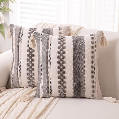 Boho Throw Pillow Covers 18x18 Set of 2 Woven Tufted Farmhouse Pillows Cover with Tassels Textured Striped Cushion Case Neutral Pillow Cases Decorative Pillowcase for Sofa Couch Bed,Gray
