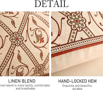 ISAENNE Design Linen Lumbar Vintage Throw Pillow Covers 12"x20",Red Euro Cushion Covers with Orange Floral Green Leaves Pattern Decor Pillowcases for Bed,Living Room,Outdoor,Car