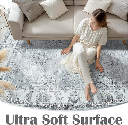 jinchan Fiora Washable Area Rug 3x5 Entryway Rug - Distressed Vintage Floral Ultra-Thin Low-Pile Soft Non-Shedding Indoor Floor Carpet for Kitchen Bedroom Entrance Laundry Living Room(3x5ft, Grey)