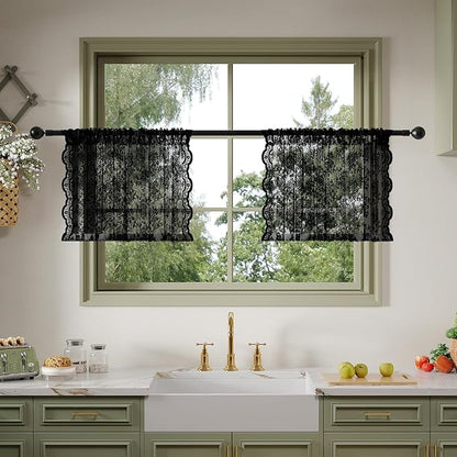 Anmao Vintage Lace Kitchen Curtains 18 Inches Long 2 Panels, Romantic Semi Sheer Floral Over Sink Lacy Cafe Curtain, Elegant Window Short Small Drapes, 55W x 18L, Black