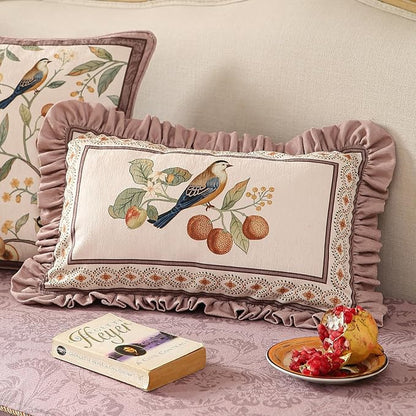 Rectangle Pink Farmhouse Throw Pillow Covers Pack of 2,Birds and Flowers Pattern Cozy Velvet Pillowcases,Decor Lumbar Pillows Cushion Covers for Couch Sofa Bed Car Chair,12"x20"