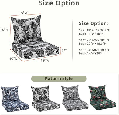 Favoyard Outdoor Seat Cushion 19 x 19 x 3 in Waterproof Pattern Fade Resistant Cover Removable Patio Furniture Cushions Deep Seat & Back Cushion Set with Adjustable Straps for Patio Chair Sofa Couch