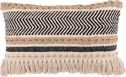 REDEARTH · Boho Textured Throw Pillow Cushion Covers - Lumbar Woven Tufted Decorative Farmhouse Cases Set for Couch, Sofa, Bed, Chair, Dining, Patio, Outdoor; 100% Cotton (12"x20", Black) Pack of 2