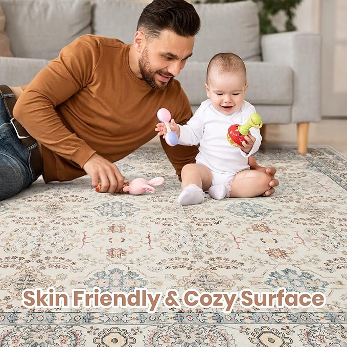 Vintage Living Room Area Rug 10x14 - Large Soft Washable Oriental Traditional Distressed Farmhouse Rugs for Bedroom - Indoor Floor Accent Carpet for Home Office House Decor - Multi