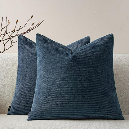a moment Pack of 2 Decorative Chenille Throw Pillow Covers with Twill Cushion Covers for Sofa Living Room Couch Bed 20x20 Inch Blue
