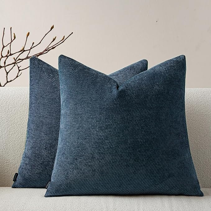 a moment Pack of 2 Decorative Chenille Throw Pillow Covers with Twill Cushion Covers for Sofa Living Room Couch Bed 18x18 Inch Blue