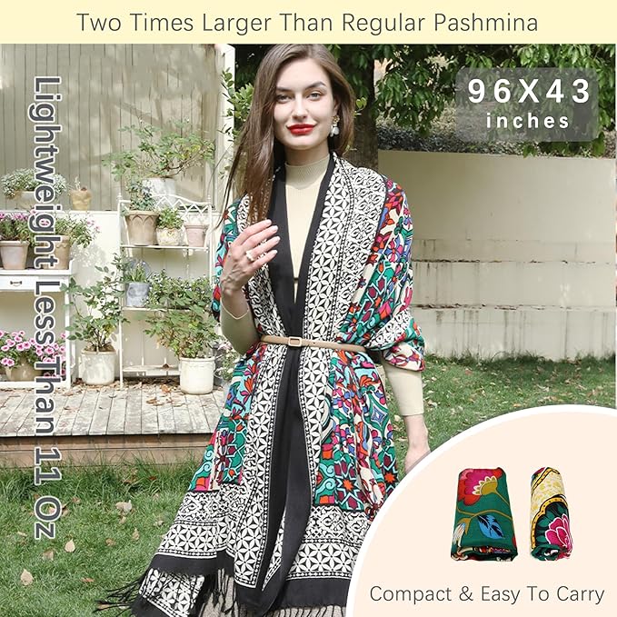 DANA XU 100% Merino Wool Extra Large Pashmina Blanket Travel Scarf Cashmere Wrap for Women Fall Winter Oversize Shawl Floral