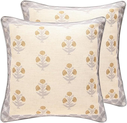 patdrea Designer Square Throw Pillow Covers Set of 2,Rustic Linen with Elegant Grey Blue Floral Pattern Pillows Cover,Decorative Pillowcases Cushion for Bed Living Room Outdoor Car,18 x18 Inches