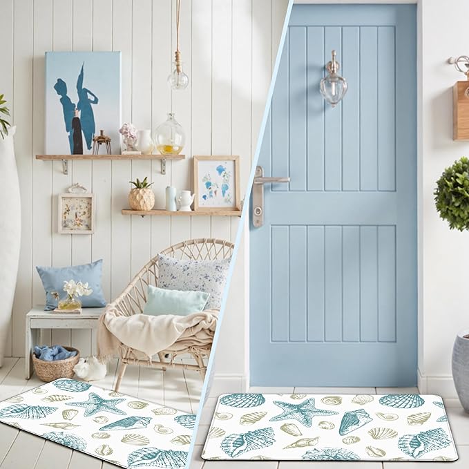 Kitchen Mats for Floor Cushioned Anti Fatigue Sets of 2 Beach Theme Kitchen Rugs Non Slip Waterproof Coastal Foam Kitchen Floor Rug Nautical Seashell Comfort Standing Mat for Sink Laundry, Teal
