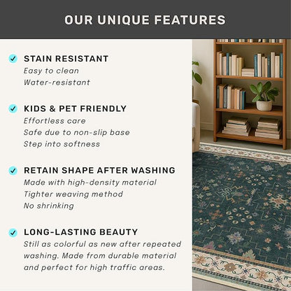 Dark Green Washable 2'6"x10' Long Runner Rugs for Hallway, Non Skid 10ft Indoor Rugs for Entryway, Stain Resistant Low Pile Carpet Boho Indoor Décor