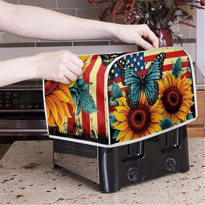 Sunflower Butterfly Print Toaster Cover 4 Slice American Flag Small Kitchen Appliance Cover, Washable Oven Protector Anti-dust Bread Maker Protector