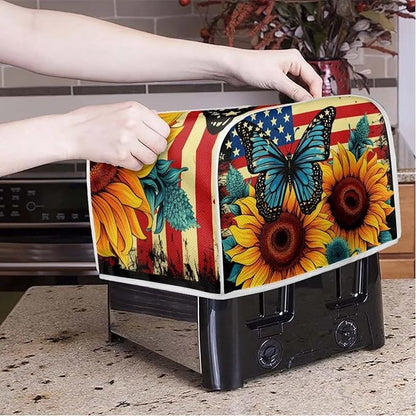 Sunflower Butterfly Print Toaster Cover 4 Slice American Flag Small Kitchen Appliance Cover, Washable Oven Protector Anti-dust Bread Maker Protector