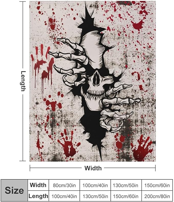 Horror Skull Throw Blanket, Halloween Day of The Dead Vintage Gothic Scary Blood Hand Soft Warm Fleece Blanket for Bed Couch Living Room All Season, 50"x60"