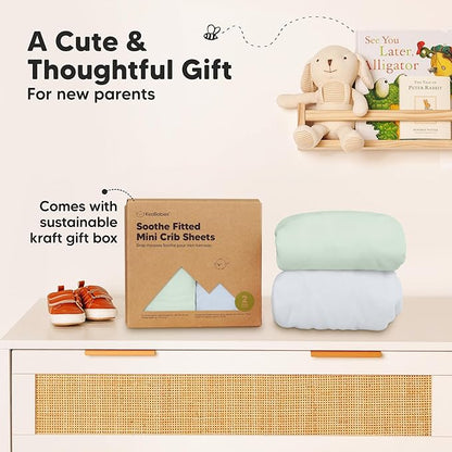 2-Pack Mini Crib Sheets Fitted - 38x26 Pack N Play Sheets for Pack and Play Mattress, Organic Cotton, Soft & Breathable Playard Bedding, Neutral Mini Toddler Bed Cover for Boys, Girls (Cove)