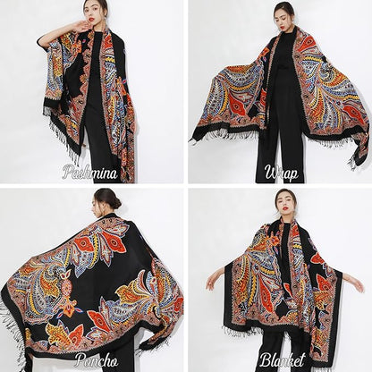 DANA XU 100% Merino Wool Pashmina Shawl for Women 96"x43", Oversized Cashmere Wrap with Tassels, Floral Travel Blanket Cape