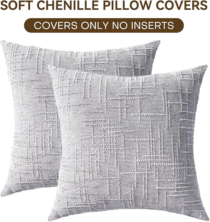 Decorative Throw Pillow Covers 22x22 Inch Set of 2, Soft Solid Farmhouse Chenille Couch Pillows, Spring Pillow Covers for Couch Sofa Bed Living Room Home Decor Pillowcase, Light Gray