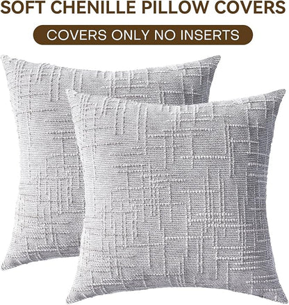 Decorative Throw Pillow Covers 20x20 Inch Set of 2, Soft Solid Farmhouse Chenille Couch Pillows, Spring Pillow Covers for Couch Sofa Bed Living Room Home Decor Pillowcase, Light Gray