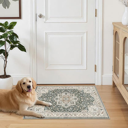 Vintage Entryway Area Rug 2x3 - Large Soft Washable Oriental Traditional Distressed Farmhouse Rugs for Bedroom - Indoor Floor Accent Carpet for Home Office House Decor - Vintage Green