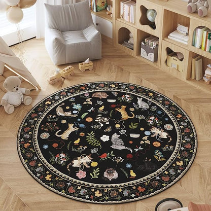 Rugcomf Round Rug 6ft Washable Circle Rug Non Slip Low Pile Boho Floral Animal Cat Small Circular Rug for Bedroom Bathroom Entryway Kids Room Office College Dorm, Black