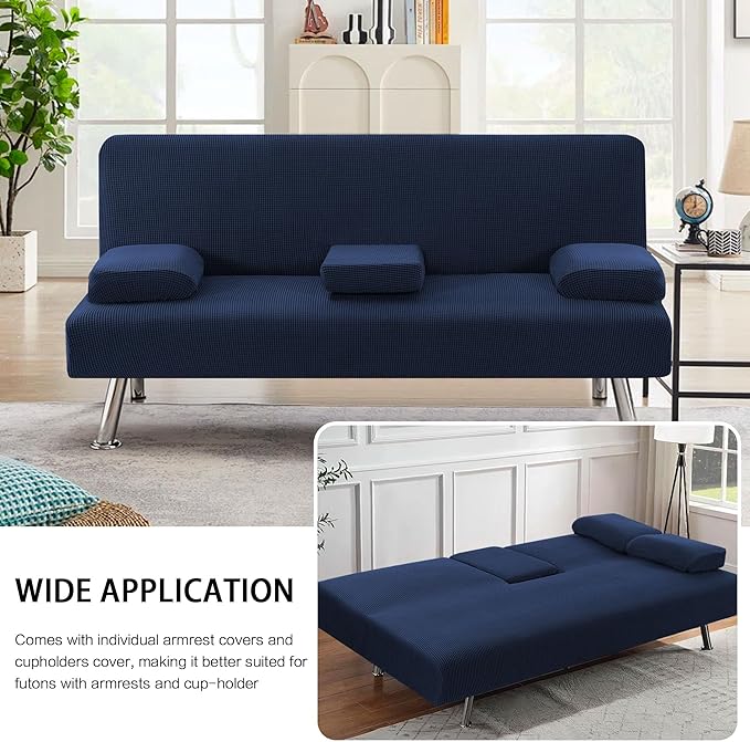H.VERSAILTEX 4 Pieces Stretch Futon Covers Sofa Bed Slipcover with Removable Armrests and Cupholders Covers Furniture Protector High Spandex Small Checks Jacquard Fabric, Navy