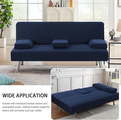 H.VERSAILTEX 4 Pieces Stretch Futon Covers Sofa Bed Slipcover with Removable Armrests and Cupholders Covers Furniture Protector High Spandex Small Checks Jacquard Fabric, Navy