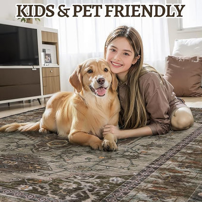 Tangsoo 2.6x10 Washable Hallway Runner Rug, Non Slip Vintage Runner Rug for Hallways, Soft Low Pile Long Rug Runner, Print Distressed Carpet Runners for Kitchen Bedroom Entryway Living Room Grey