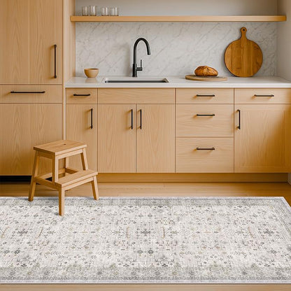 Light Gray Washable 2'6"x8' Wide Runner Rugs for Kitchen, Bathroom, Hallway, Non-Slip & Stain Resistant Long Floor Rug, Neutral Boho Floral Décor