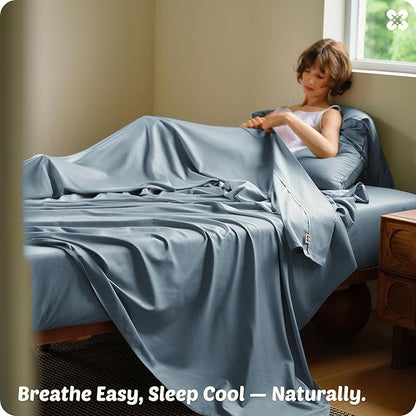 Bedsure Cooling Sheets, Rayon Derived from Bamboo & Cotton Blend, GentleSoft, Breathable, Queen Sheet Set, Deep Pocket Up to 18 Inches, Hotel Luxury Bedding for Hot Sleepers, Dusty Blue