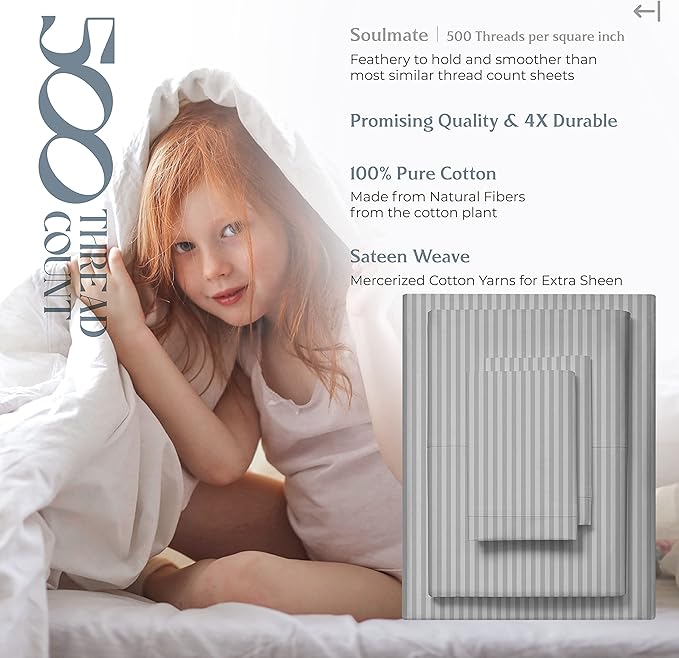 Mayfair Linen 100% Cotton Sheets Set - 500 Thread Count 4 PC Set, Soft, Cooling, Sateen Weave 16" Deep Pocket Bedsheet - 4 PC, California King Light Grey Stripe