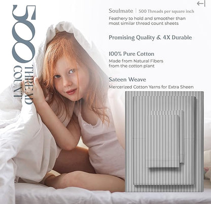 Mayfair Linen 100% Cotton Striped Sheets Twin Size Bed Set - 500 Thread Count Damask Sheets Twin Size 3 PC Set (Silver Stripe), Soft, Cooling, Sateen Hotel-Quality 16" Deep Pocket Cotton Bedsheet