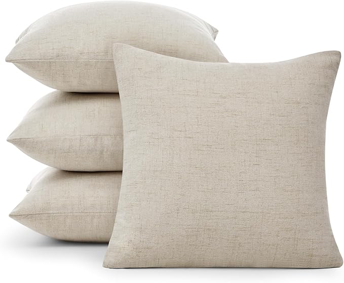 Deconovo Textural Faux Linen Throw Cushion Case Pillow Cover with Invisible Zipper for Couch 18 x 18 Inch Light Flax Set of 4 No Pillow Insert