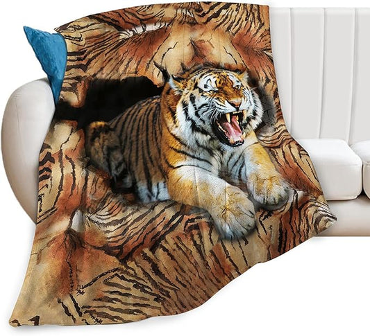 Tiger Throw Blanket, 80"x60", Microfiber Flannel Blend, Animal Print, Multicolor, Unisex, Adults & Kids, All Seasons
