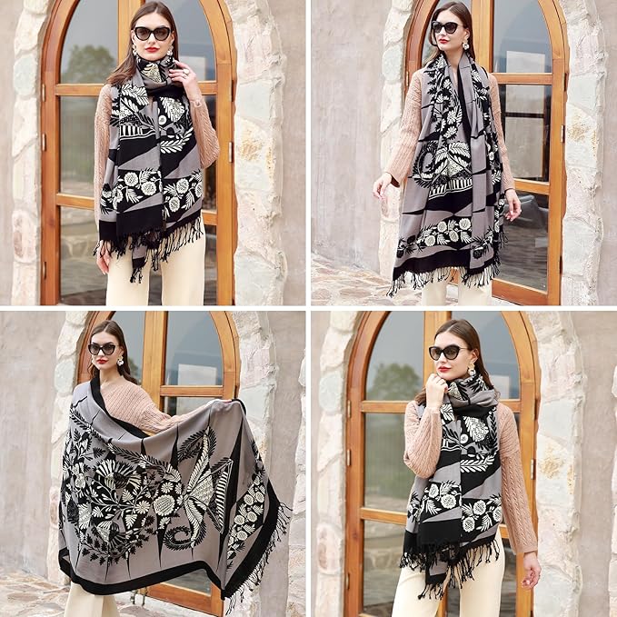 DANA XU 100% Merino Wool Extra Large Pashmina Blanket Travel Scarf Cashmere Wrap for Women Fall Winter Oversize Shawl Floral