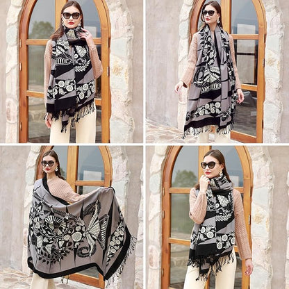DANA XU 100% Merino Wool Extra Large Pashmina Blanket Travel Scarf Cashmere Wrap for Women Fall Winter Oversize Shawl Floral