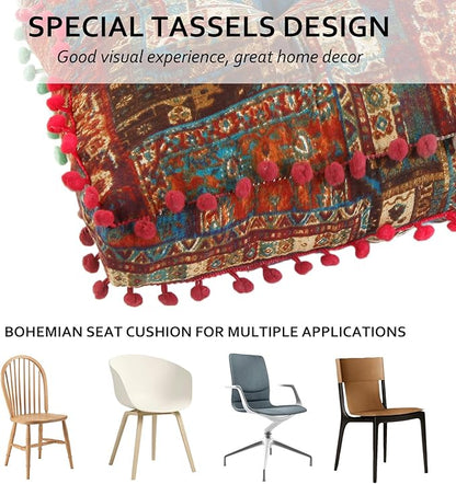 Bohemian Seat Cushion，Indoor & Outdoor 16.5" x 16.5" Seating Cushion for Dinning Chairs, Decorative with Tassels(4Pcs,Blue)