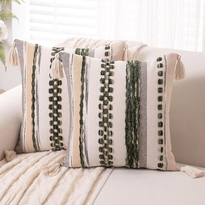 Boho Throw Pillow Covers 18x18 Set of 2 Woven Tufted Farmhouse Pillows Cover with Tassels Textured Striped Cushion Case Neutral Pillow Cases Decorative Pillowcase for Couch Bed,Dark Green