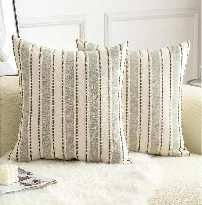 Decorative Boho Throw Pillow Covers, Farmhouse Textured Pillow Case, 20 x 20 Inch Set of 2, Chair Sofa Bedroom Living Room Home Decor Couch Cushion Case, Olive Green and Beige Striped