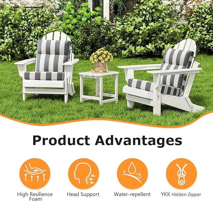 Outdoor Separate High Back Chair Cushion Seat Pads, 2-Pack 44 x 21 Inch Water-Repellent & Fade-Resistant Patio Furniture Cushions with Ties for Adirondack, Rocking Chairs, Gray Stripe